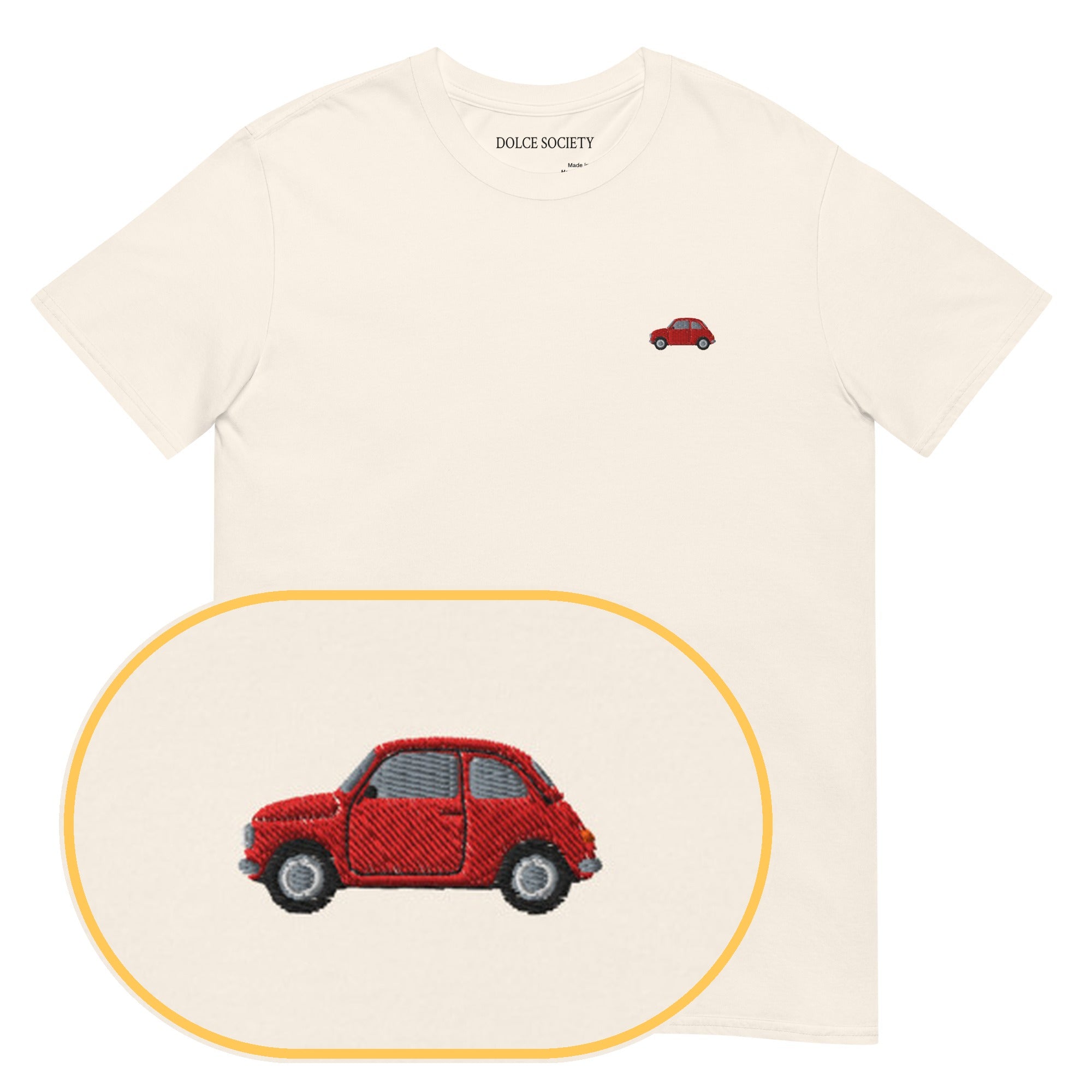 500 Cinquecento Car T-Shirt (Embroidered) — Natural — zoom detail