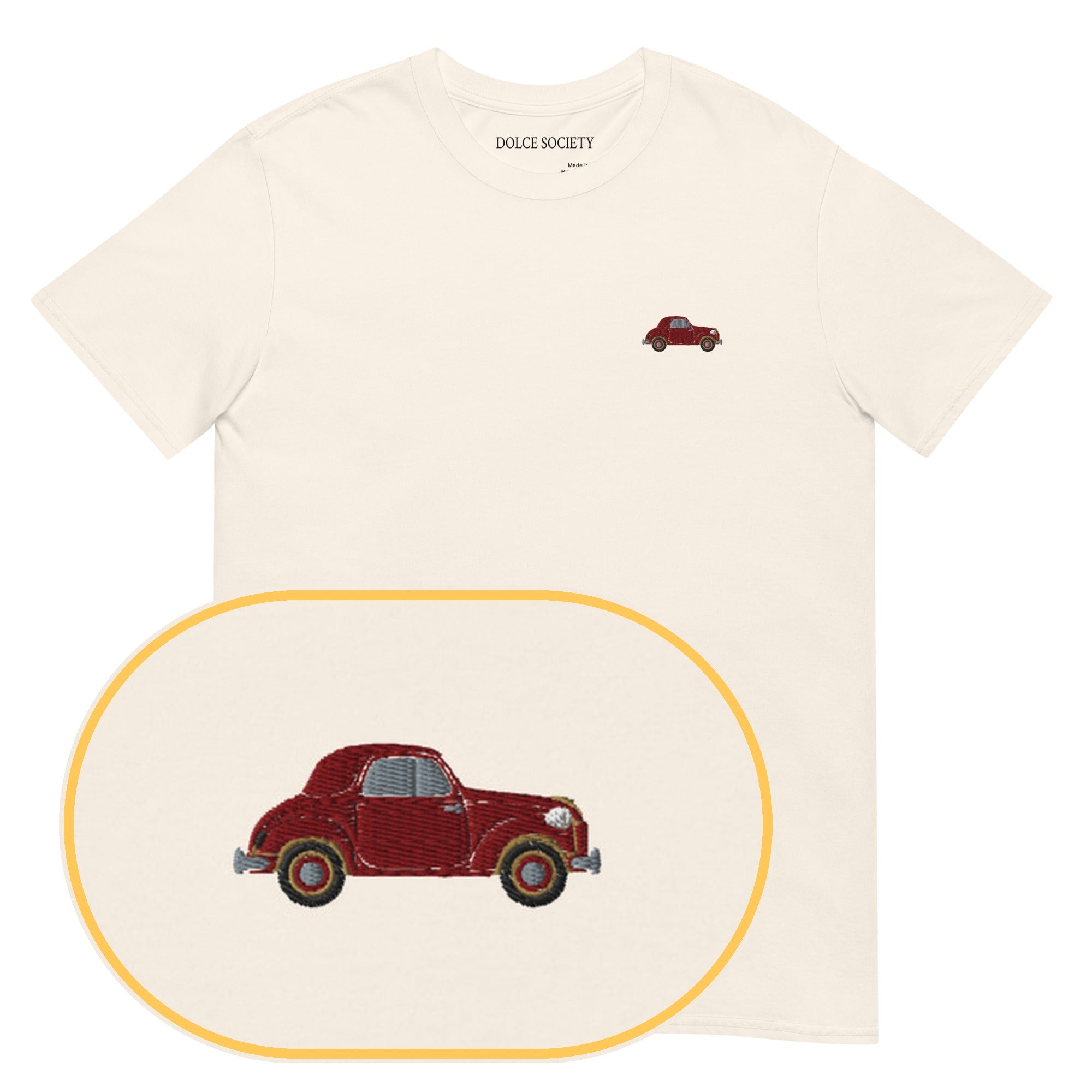 Classic Italian Car T-Shirt (Embroidered) — Natural — zoom detail
