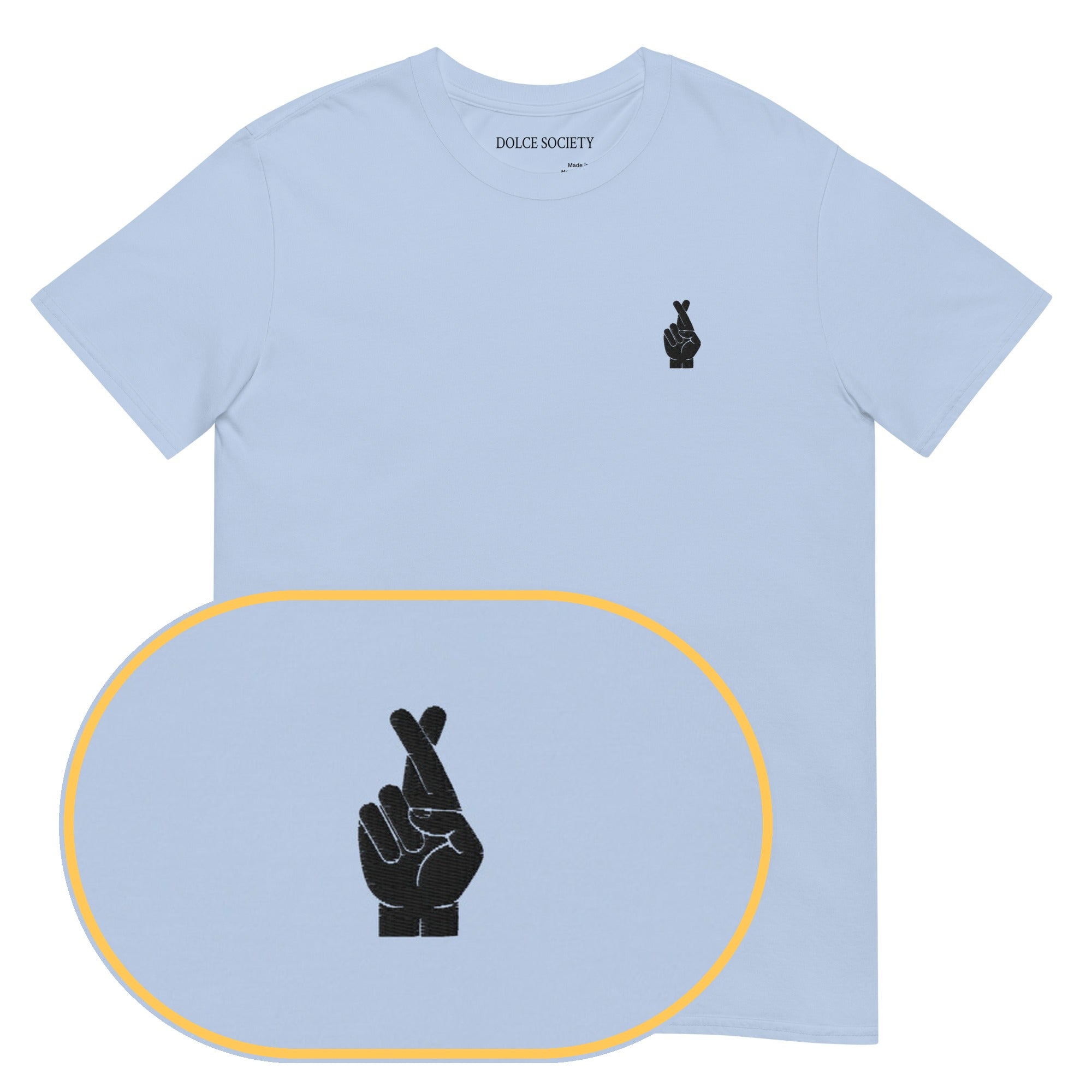 Fingers Crossed T-Shirt (Embroidered) — Light Blue — zoom detail