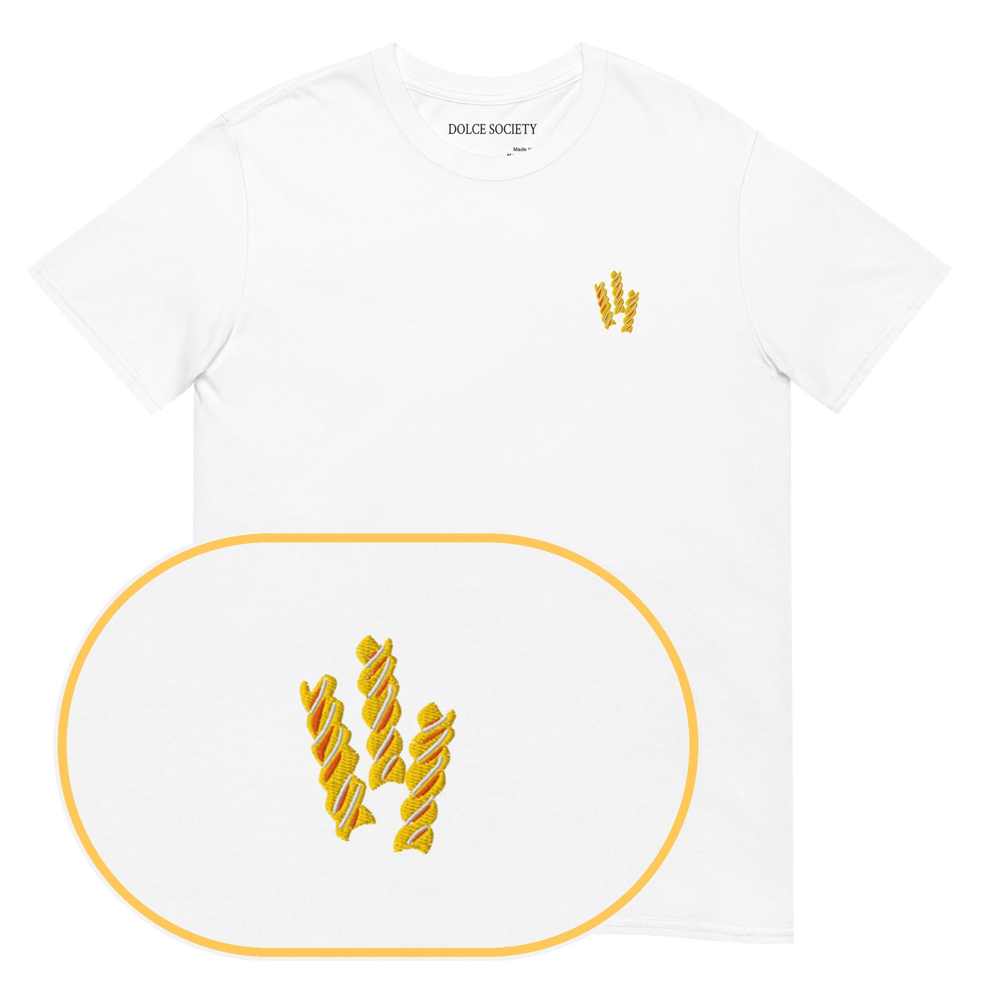 Fusilli Pasta T-Shirt (Embroidered) — White — zoom detail