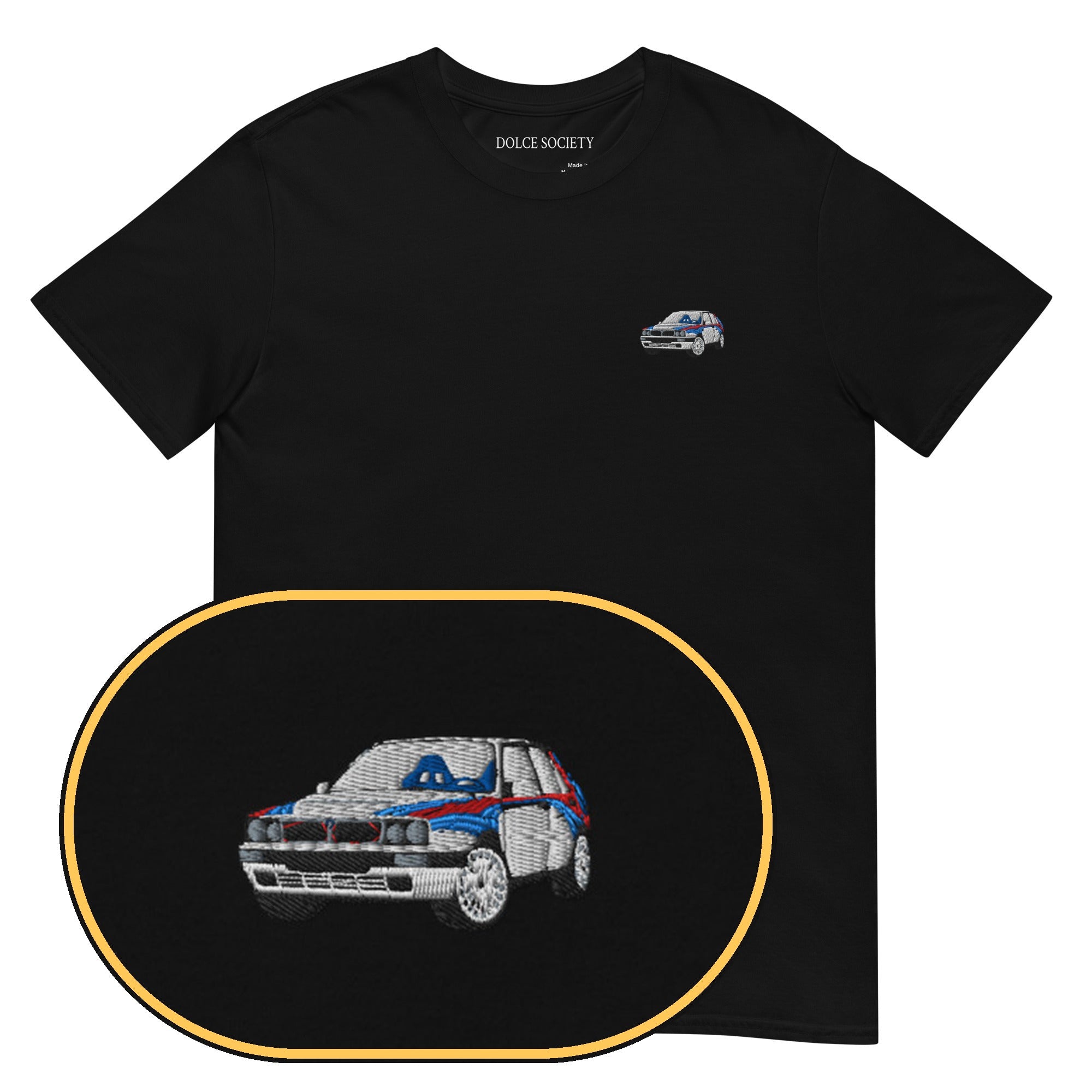 Lancia Delta Car T-Shirt (Embroidered) — Black — zoom detail