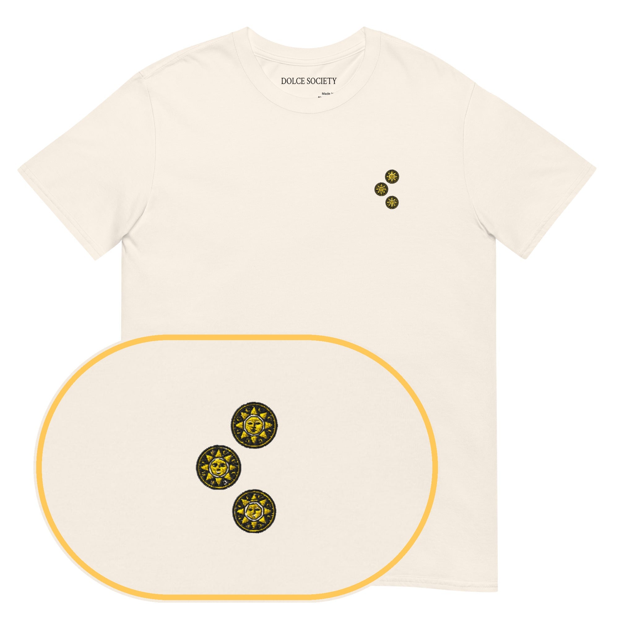 Three Denari Card T-Shirt (Embroidered) — Natural — zoom detail