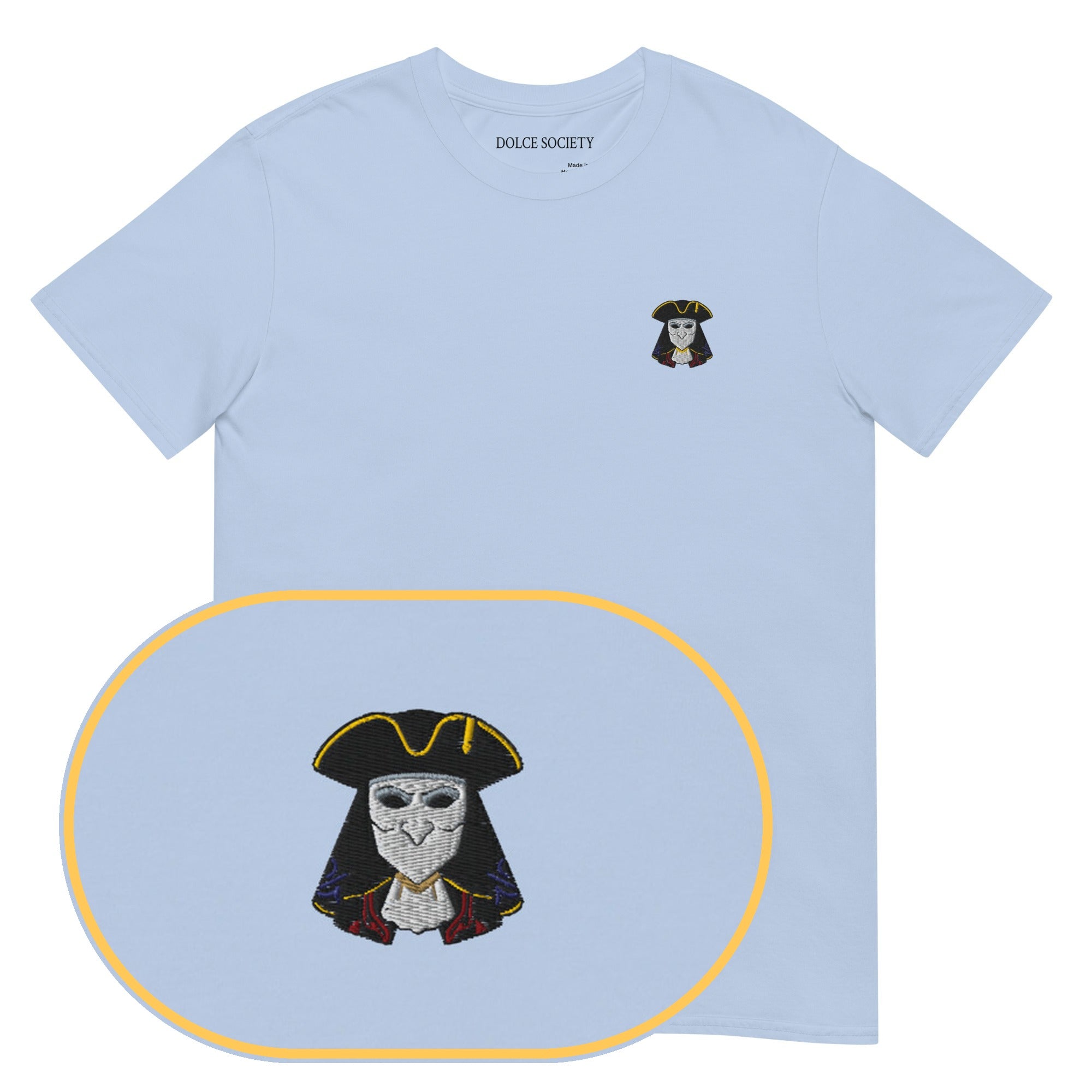 Venetian Mask T-Shirt (Embroidered) — Light Blue — zoom detail